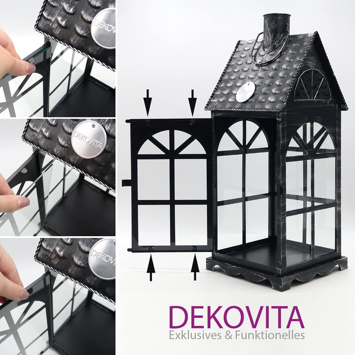Dekovita 35cm Metall-Laterne Lichthaus - Gartenlaterne mit Glas-Scheiben - Windlicht Haus Deko-Later
