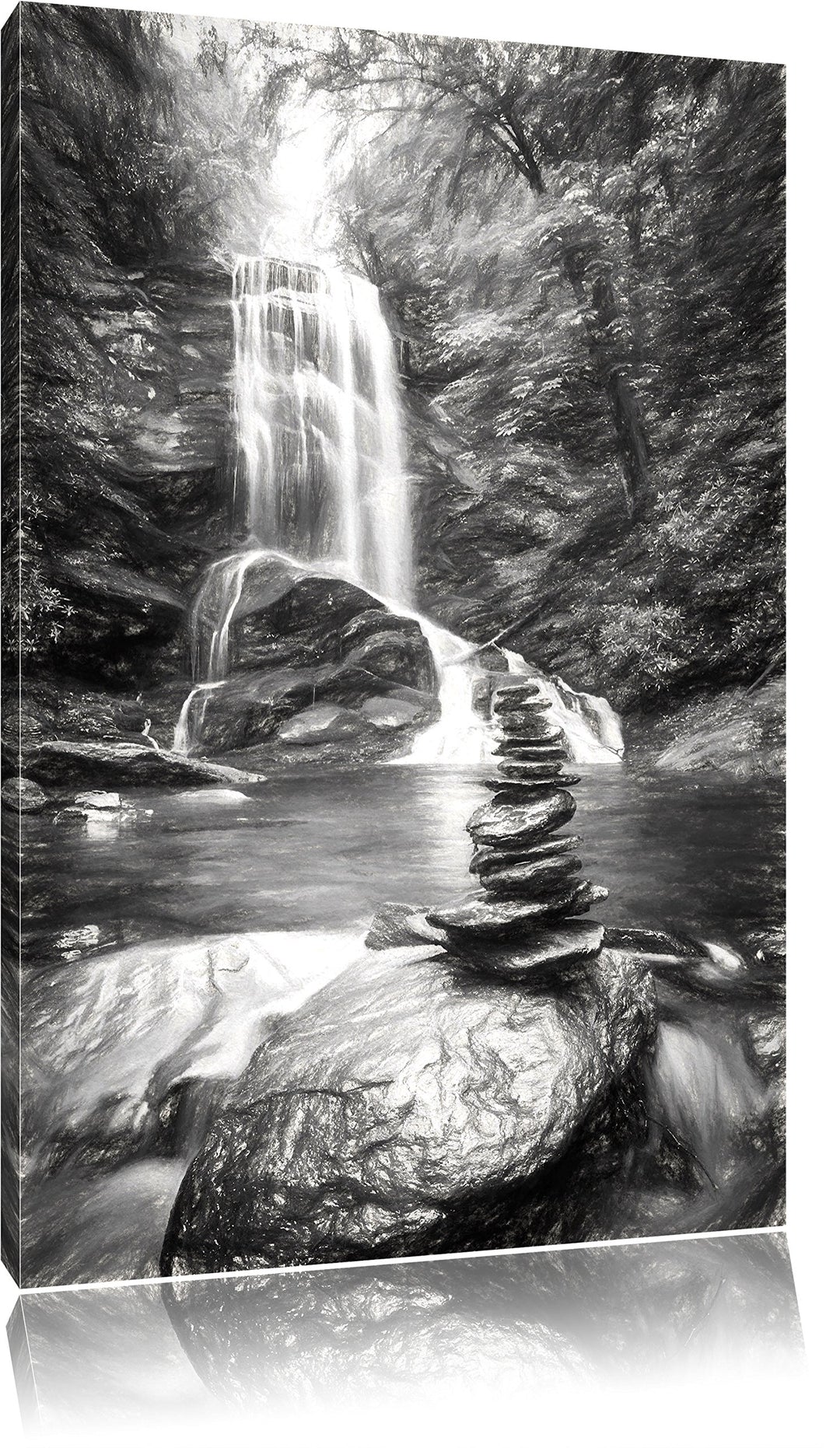 Pixxprint Zen Steine vor Wasserfall Kunst Kohle Effekt, Format: 100x70 auf Leinwand, XXL riesige Bil