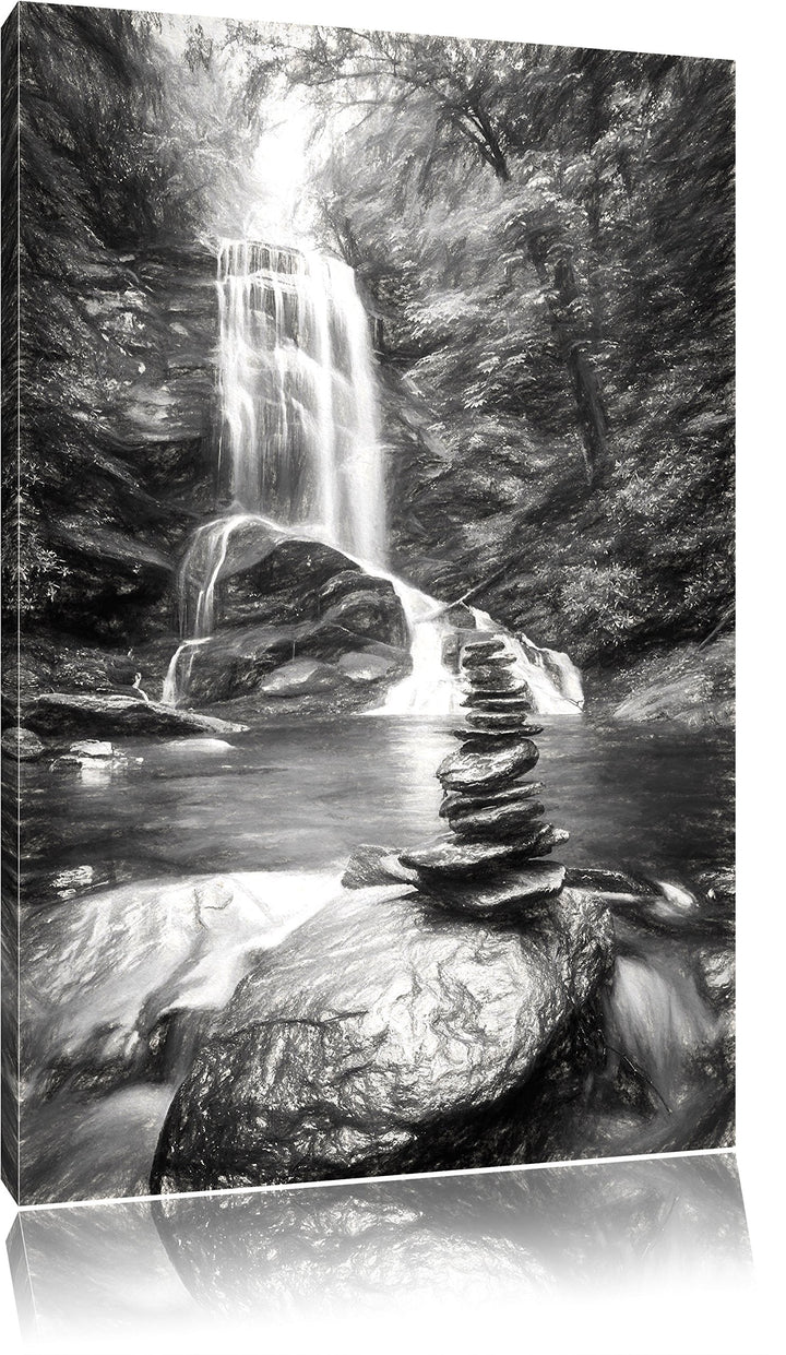 Pixxprint Zen Steine vor Wasserfall Kunst Kohle Effekt, Format: 100x70 auf Leinwand, XXL riesige Bil
