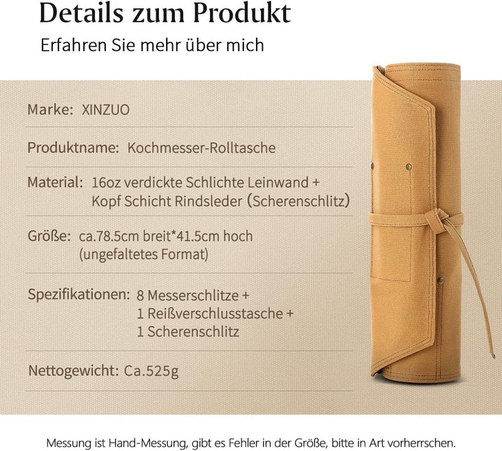 XINZUO Messertasche 78,5cmx41,5cm, Profi Koch Rolltasche, Universal Etui für Koch 8 Slots, 16oz verd