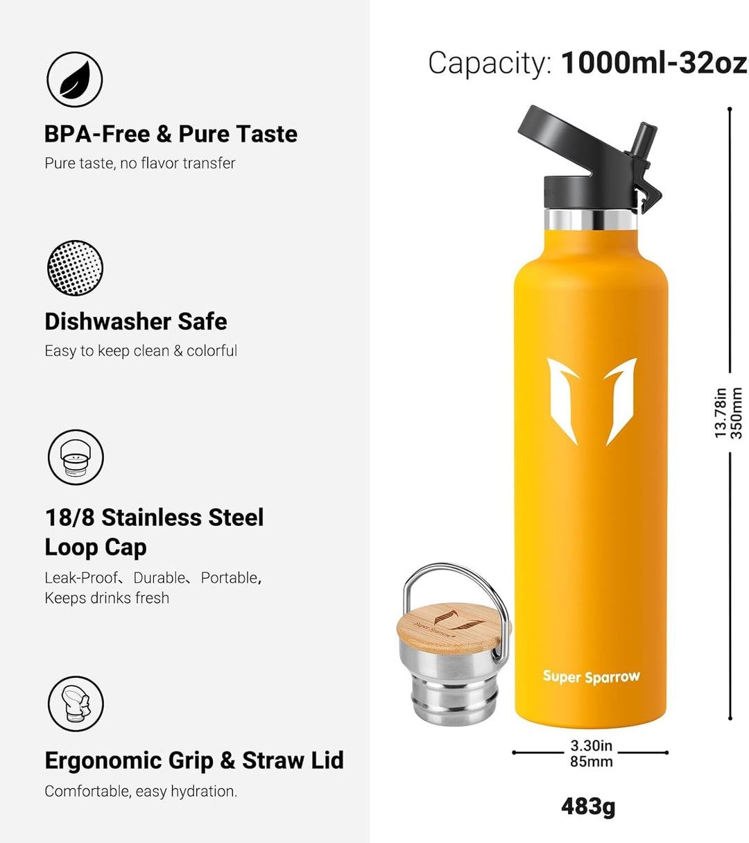 Super Sparrow Trinkflasche Edelstahl - 500ml/750ml/1L - Auslaufsicher Thermoskanne, BPA-Frei Wasserf