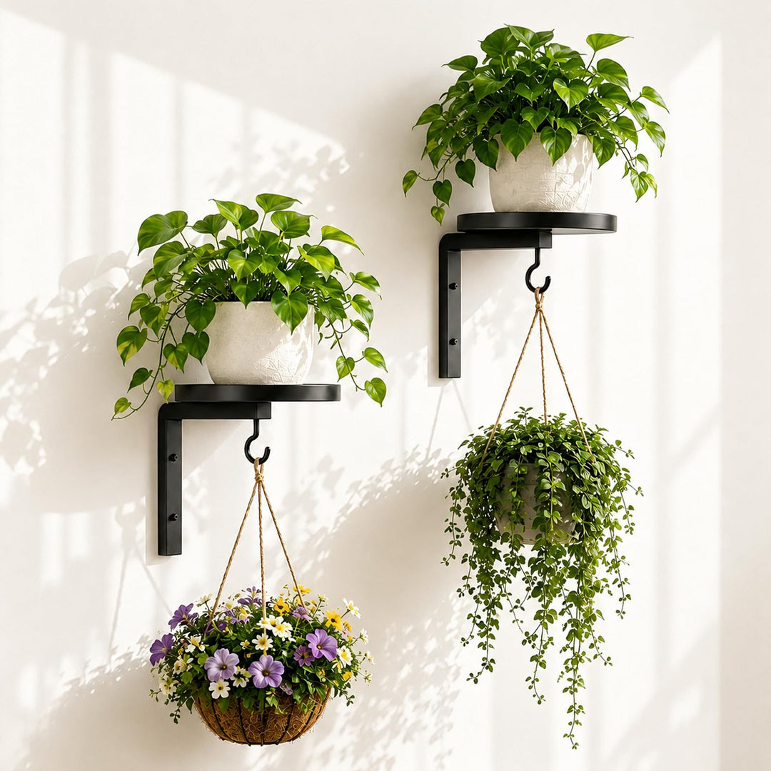 2 Stück Pflanzenständer Wand, Pflanzenhalter Metall mit rundem Tablett und Haken, Blumenständer Wand