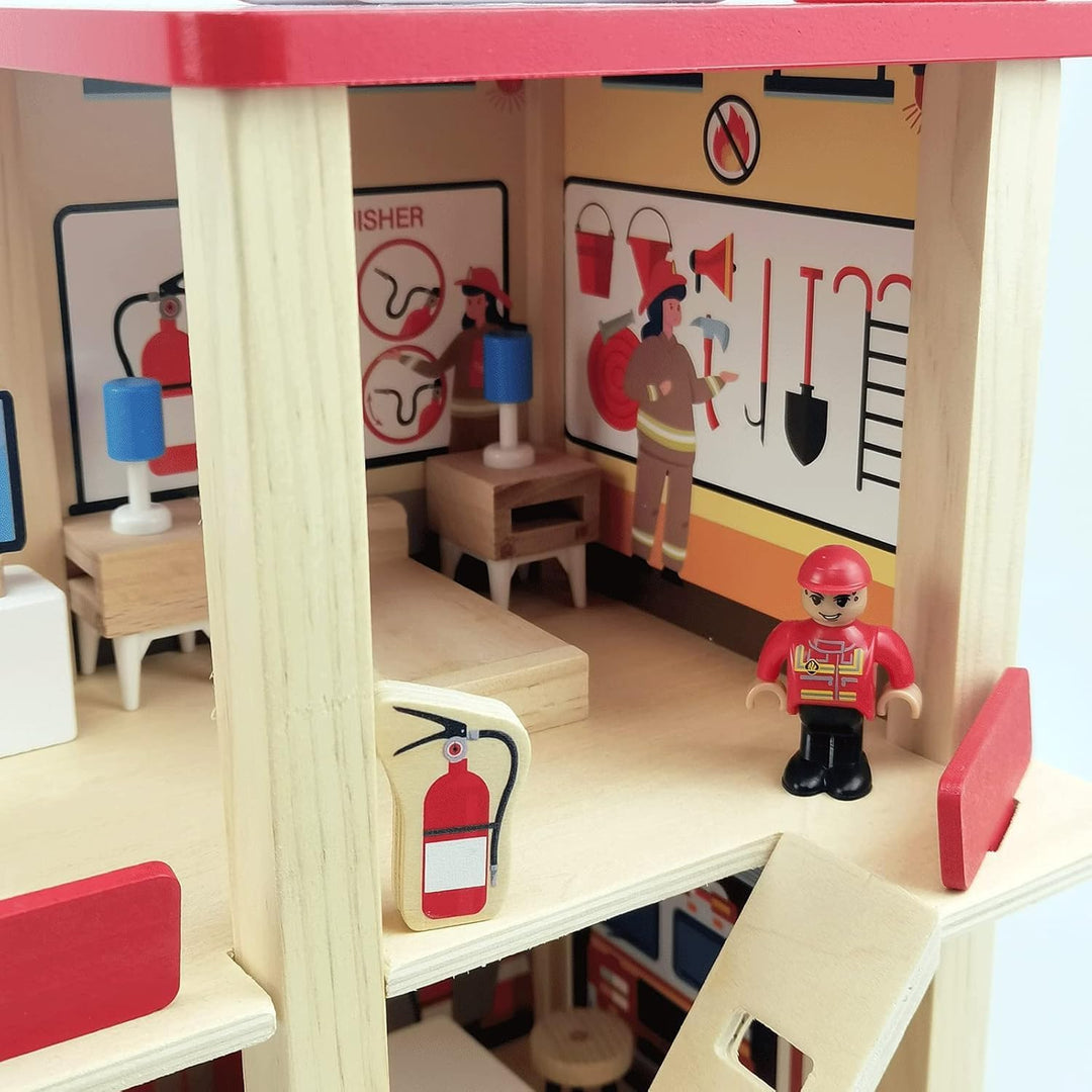 Holz-Feuerwehr-Spielset, Puppenhaus mit Feuerwehrauto, Hubschrauber, Feuerwehrleuten und Zubehör, Vo