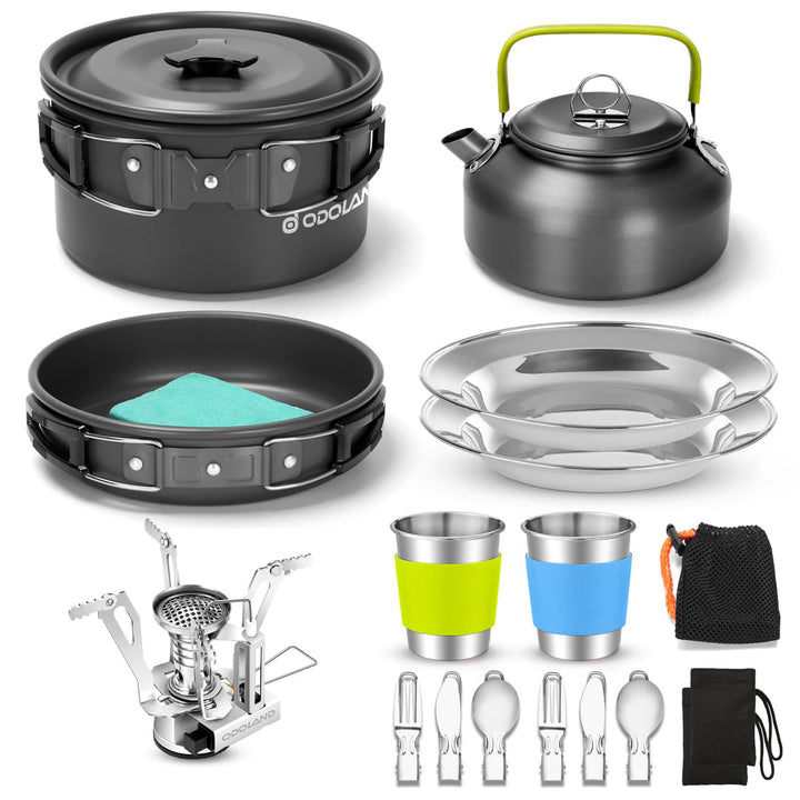 Odoland Camping Geschirr Set Kochset Topfen mit 0.8 L Teekessel Campingbesteck und Becher Leicht Alu