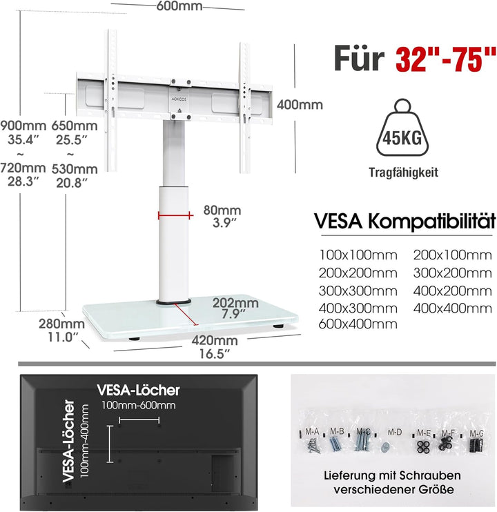 AOKCOS TV Standfuss TV Ständer Höhe 900mm für 32-55 65 75 Zoll Fernseher, Neigbar Schwenkbar Höhenve
