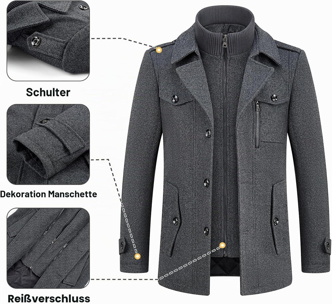 KUDORO Herren Wintermantel Wolle Kurzmantel Herren Wollmantel Mittellang Slim Fit für Business Freiz