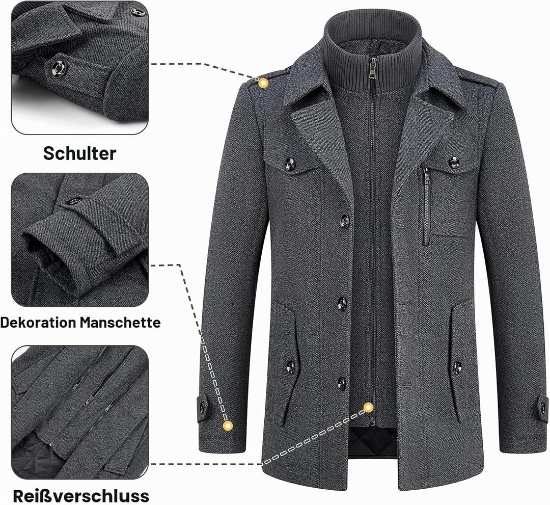 KUDORO Herren Wintermantel Wolle Kurzmantel Herren Wollmantel Mittellang Slim Fit für Business Freiz