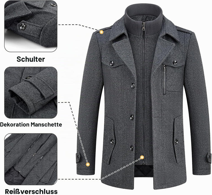 KUDORO Herren Wintermantel Wolle Kurzmantel Herren Wollmantel Mittellang Slim Fit für Business Freiz