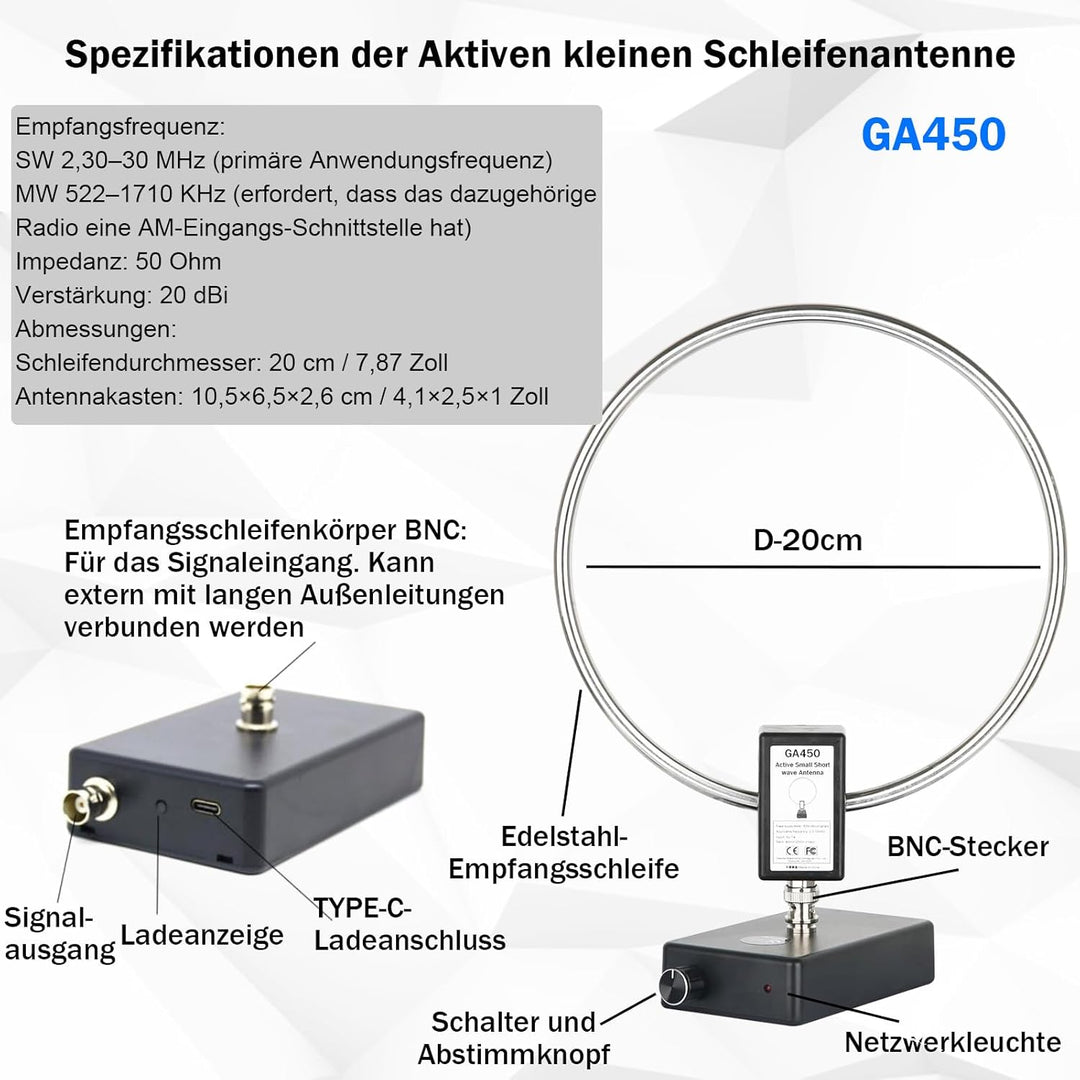 AURSINC Aktive Kurzwellen-Ringantenne GA450 mit BNC-Kabel, SW 2,3–30 MHz, MW 522–1710 kHz – Tragbare