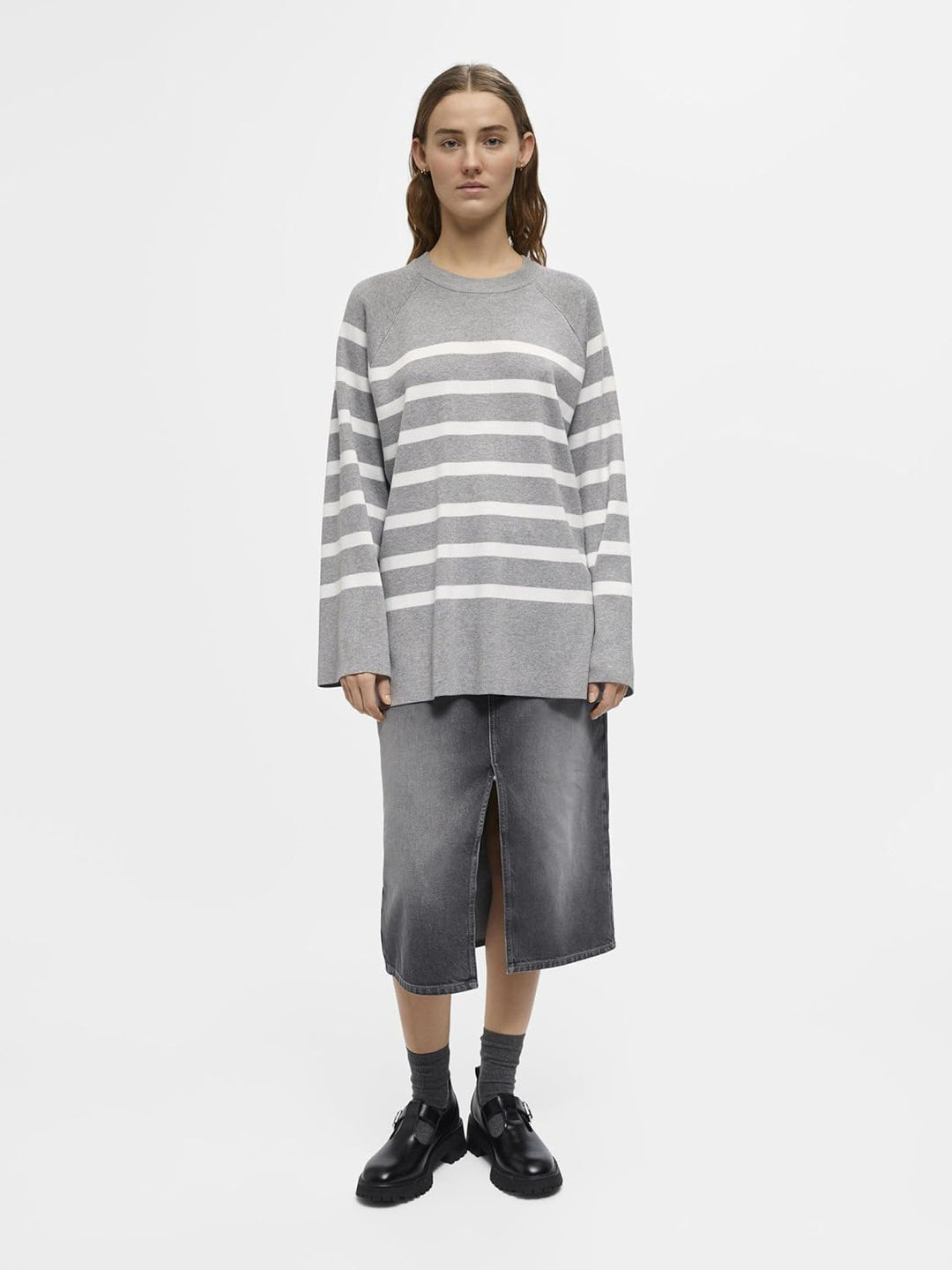 Object Damen Objester Ls Knit Top Noos Pullover L Light Grey Melange/Stripes:cloud Dancer, L Light G