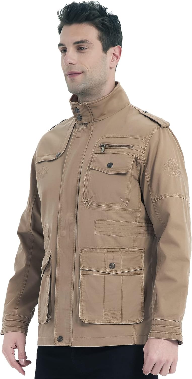 MERCIYD Herren Übergangsjacke Cargo Jacke Männer Stehkragen Baumwolle Jacke Multi Taschen Armeejacke