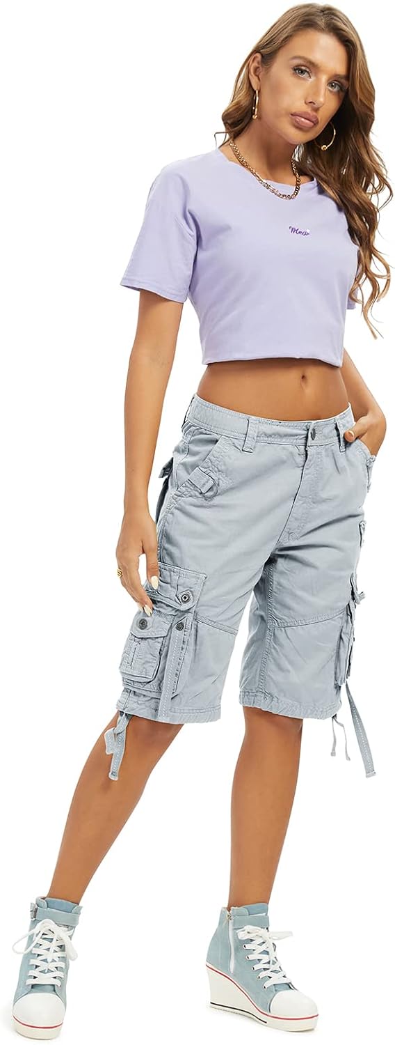 Aeslech Damen Loose Fit Cargo Shorts mit Multi Taschen Baumwolle Bermuda Shorts Casual Sommer Wander