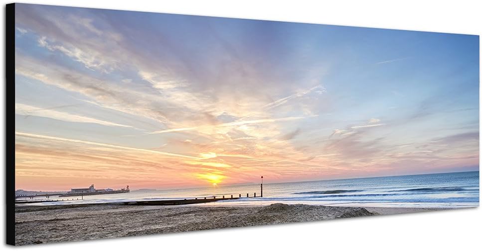Paul Sinus Art Panoramabild auf Leinwand und Keilrahmen 150x50cm Meer Strand Fischerboot Sonnenaufga