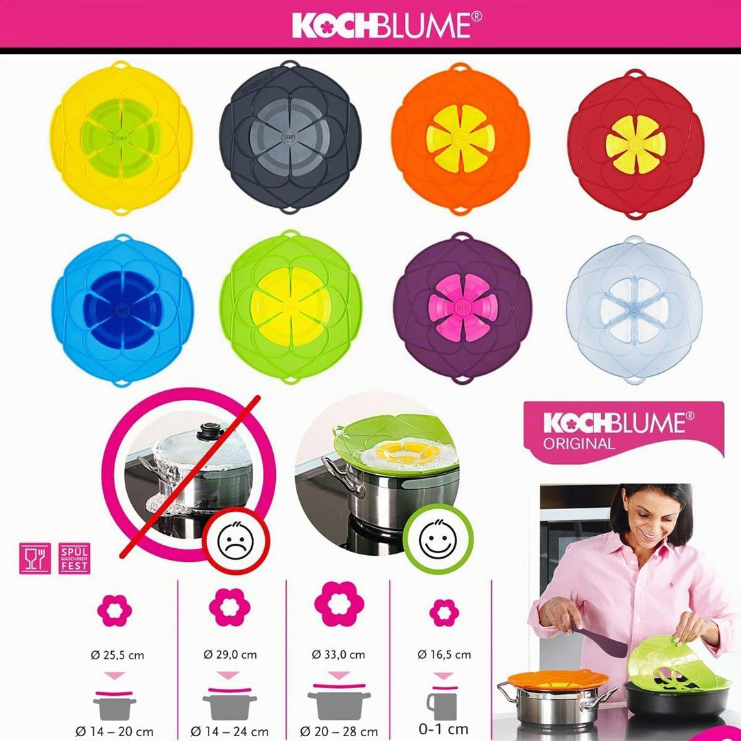 Kochblume das Original, Silikon Überkochschutz für Töpfe und Pfannen, Mikrowellen-Deckel, Spritzschu