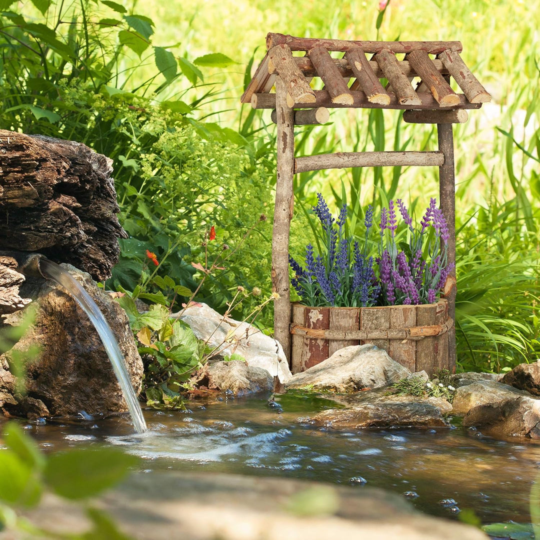 Relaxdays, natur Holzbrunnen Garten, dekorativer Zierbrunnen aus Holz, Gartenbrunnen mit Rinde, HxBx