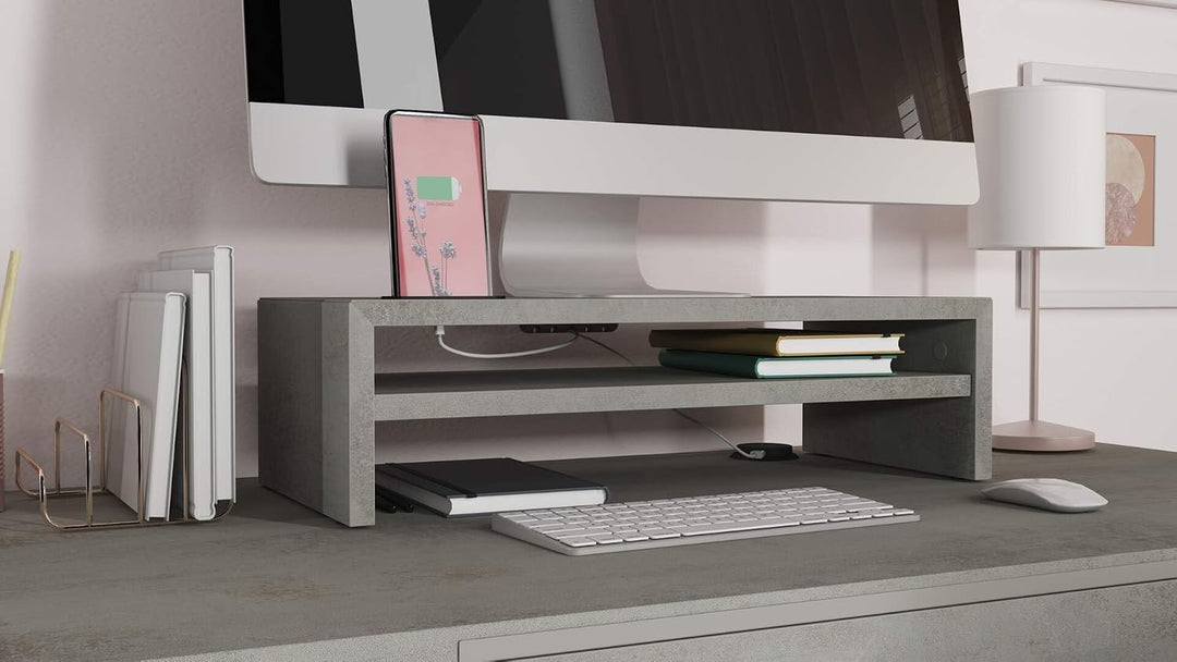MOBILI FIVER, Monitorständer Riki, H.15 cm, Farbe: Grauer Beton, Laminiert, Made in Italy Altezza 15