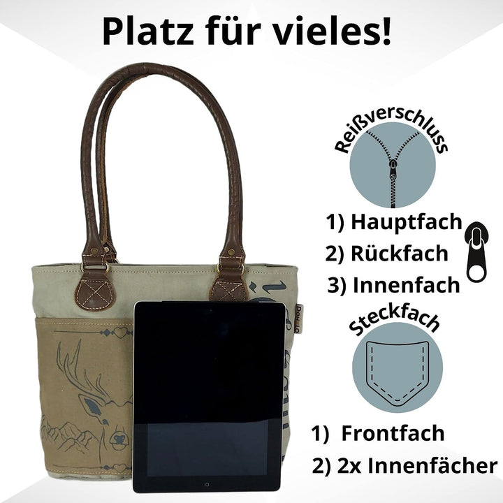 Domelo Damen Handtasche. Trachtentasche aus Canvas &amp; Leder. Schultertasche in Vintage Trachten Stil.