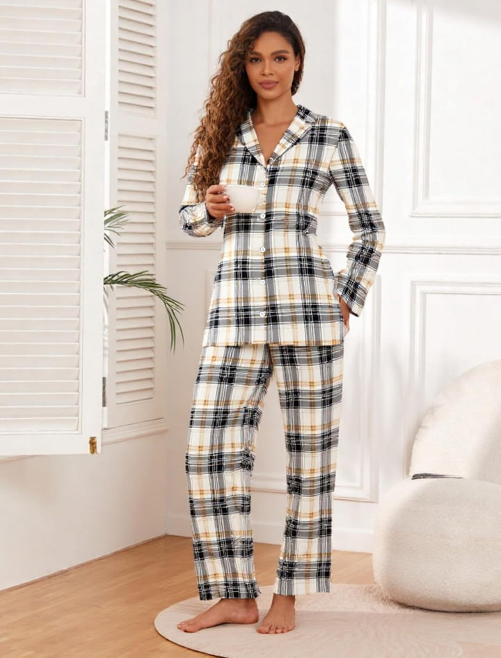 Famulily Frauen Langarm Pyjama Set Plaid Loungewear Sets Button Up Top und Wide Leg Hosen S-XXL M Be