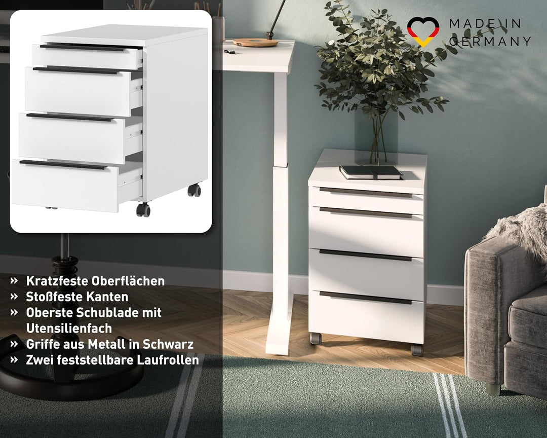 Germania Rollcontainer 4377-84, in Weiss, mit Utensilienfach, 42 x 63 x 60 cm (BxHxT), Weiss