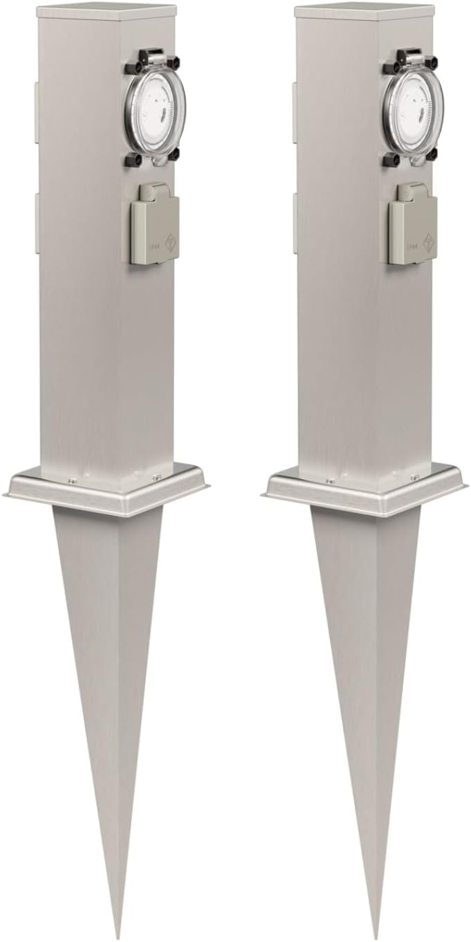 ledscom.de 2X Garten-Steckdosen-Säule Polly mit Erdspiess für aussen, 3-Fach mit Timer/Zeitschaltuhr