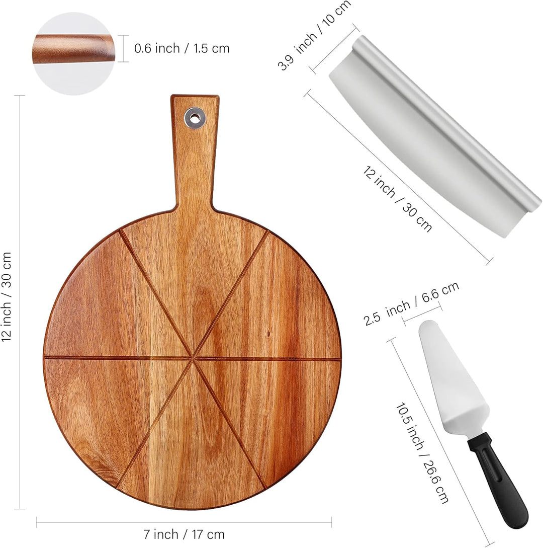 Pizzabrett Akazienholz, TJ POP 30 x30 cm Pizzateller Pizzaschneidebrett mit Pizzaschneider und Pizza