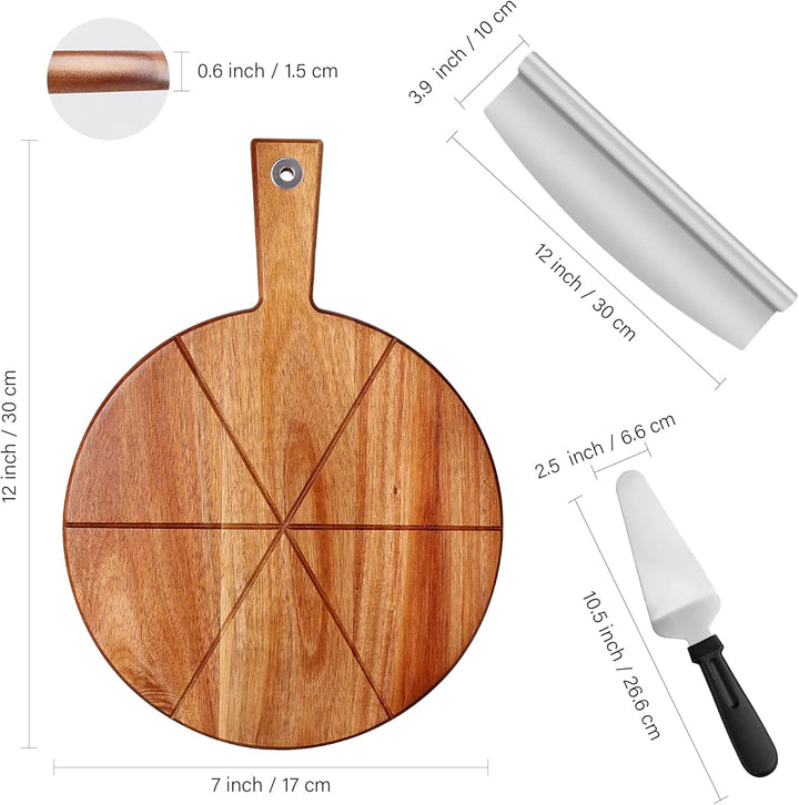 Pizzabrett Akazienholz, TJ POP 30 x30 cm Pizzateller Pizzaschneidebrett mit Pizzaschneider und Pizza