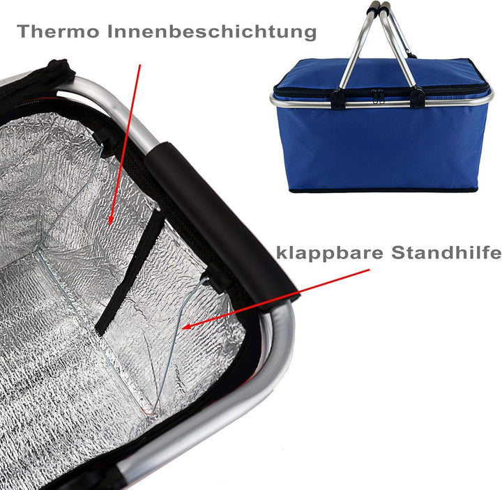 Faltbarer Einkaufskorb mit Kühlfunktion [30L] – Isolierter Korb & Picknickkorb mit Alurahmen, leicht