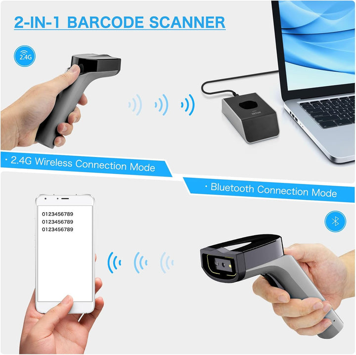 NETUM 2D Wireless Barcode Scanner with Cradle, Grey Bluetooth &amp; 2.4G Handheld QR Code Scanner, Globa