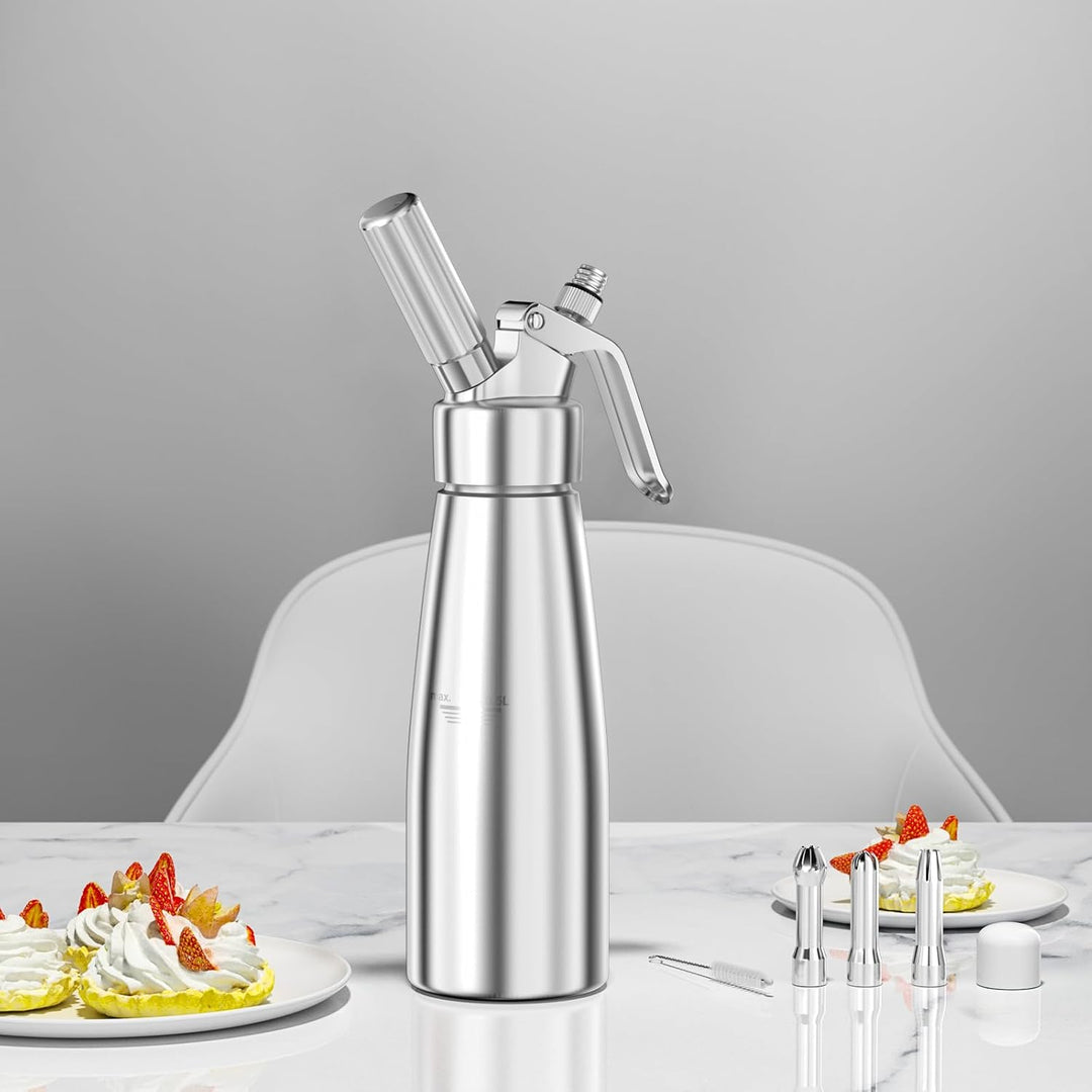 Newaner 500ml sahnespender, Sahnesyphon Aluminium mit 3 Edelstahl Deko-Düsen und 1 Reinigungbürste,