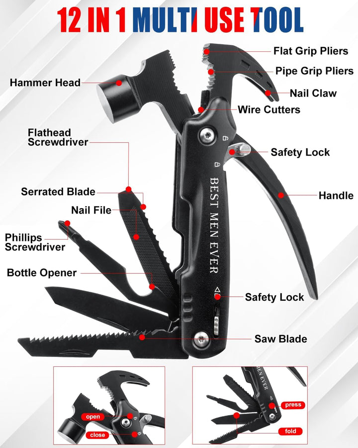 BIBURY Multitool Geschenke für Männer - 12 in 1 Multifunktionshammer Gadgets für Männer, Papa & Opa