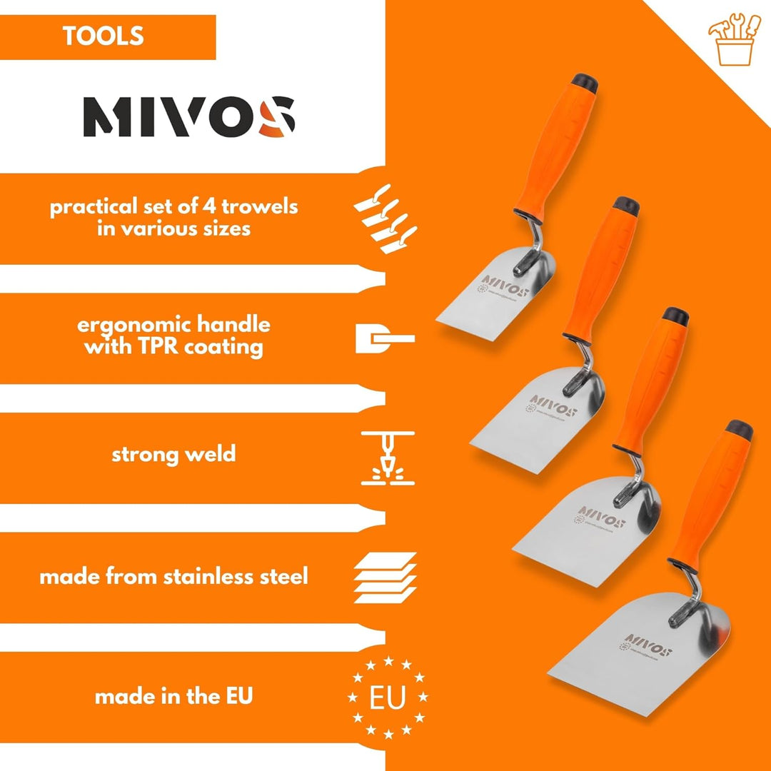 Mivos Stukateurkellen-Set 4-teilig - 60 mm 80 mm 100 mm 120 mm - Edelstahl Meurerkellen - Rostfreie