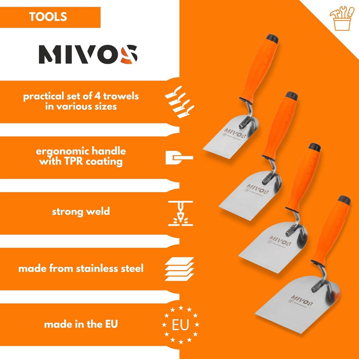 Mivos Stukateurkellen-Set 4-teilig - 60 mm 80 mm 100 mm 120 mm - Edelstahl Meurerkellen - Rostfreie