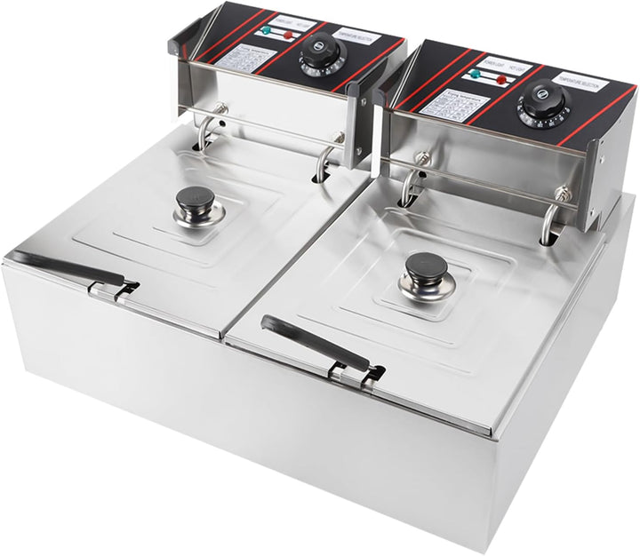 Elektrische Friteuse mit Fett 5000W 6 L Kommerzielle Doppel Fritteusen Gastronomie Edelstahl Kaltzon