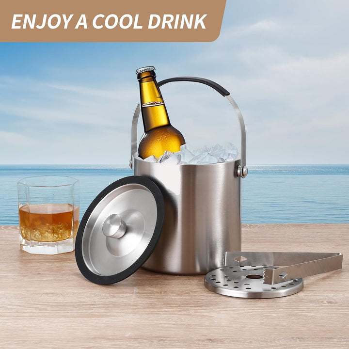 1.6L Eiswürfelbehälter, Eiskübel mit Deckel,Eiswürfelbehälter Edelstahl mit Clips und Sieb, perfekt