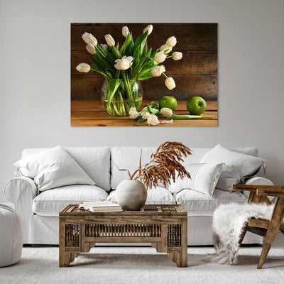 Bilder auf Leinwand 100x70cm Leinwandbild Tulpen Apfel Blumenstrauss Frühling Gross Wanddeko Bild Sc