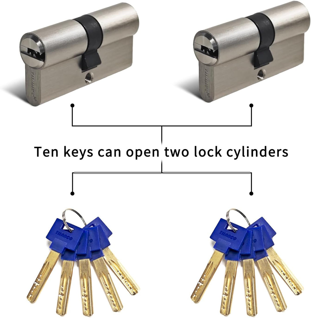 Massiver Schliesszylinder gleichschliessend 2er Set 30/40 Zylinderschloss Messing mit 10 Schlüssel -