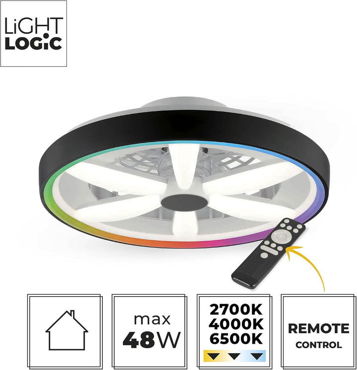 Deckenventilator mit Beleuchtung 48W - Ø 48cm, dimmbare LED Deckenleuchte mit Ventilator, RGB, warm-