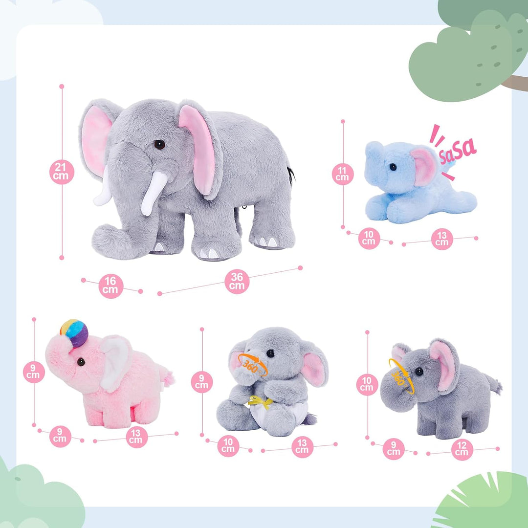 OUOZZZ 5er Set Elefant Kuscheltier Plueschtier Mama mit 4 Babys im Bauch | Interactive Plueschtier-M