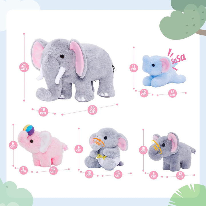 OUOZZZ 5er Set Elefant Kuscheltier Plueschtier Mama mit 4 Babys im Bauch | Interactive Plueschtier-M