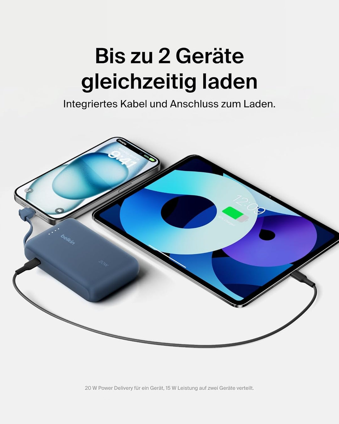 Belkin BoostCharge Power Bank, Portable Powerbank 10000mAh mit integriertem Kabel, PD 20 W – USB-C P