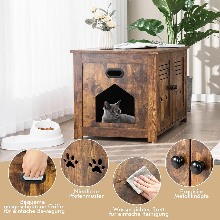 GOPLUS Katzenschrank, Katzentoilette mit seitlichem Eingang, 2 Türen, 2 in 1 Katzenhaus und Couchtis