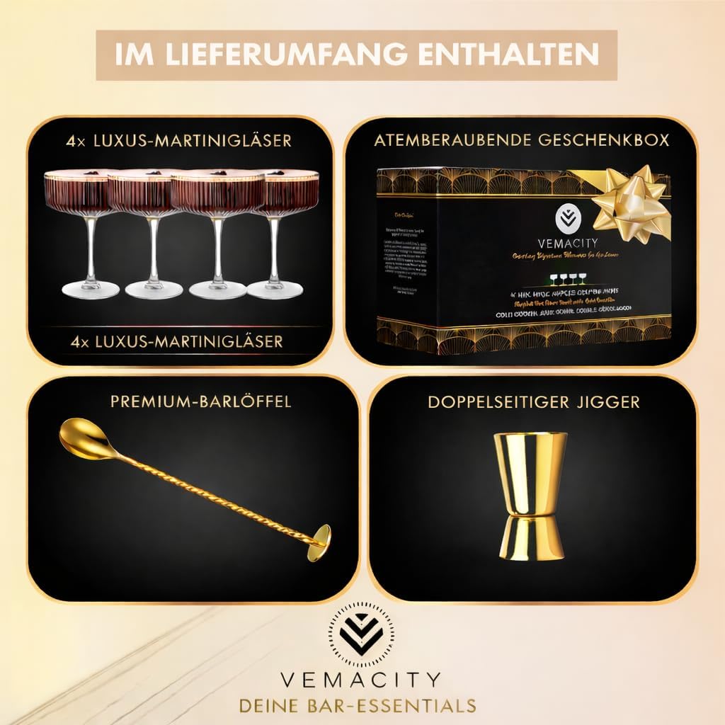 Vemacity Espresso Martini Gläser 4er Set mit Goldrand & Cocktail Zubehör | Gerippte Glas | Handgefer