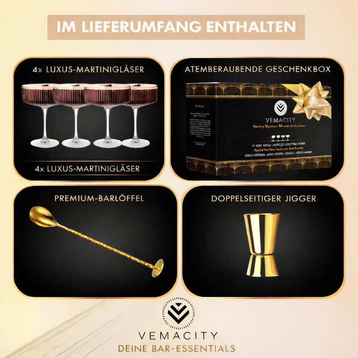 Vemacity Espresso Martini Gläser 4er Set mit Goldrand & Cocktail Zubehör | Gerippte Glas | Handgefer