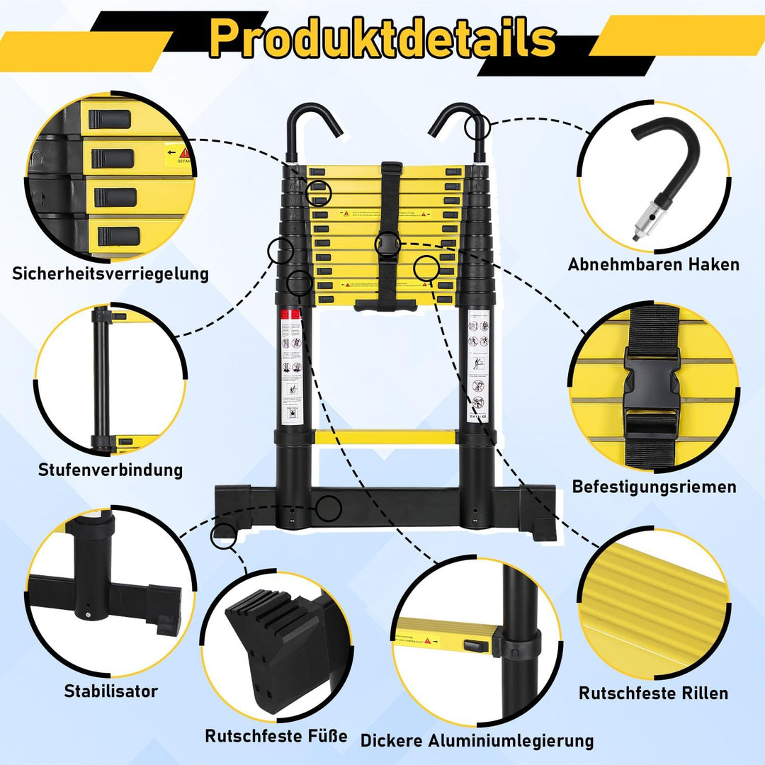 Ansobea 3.2M Klappleiter Teleskopleiter für treppe Rutschfester Multifunktionsleiter Schiebeleiter A