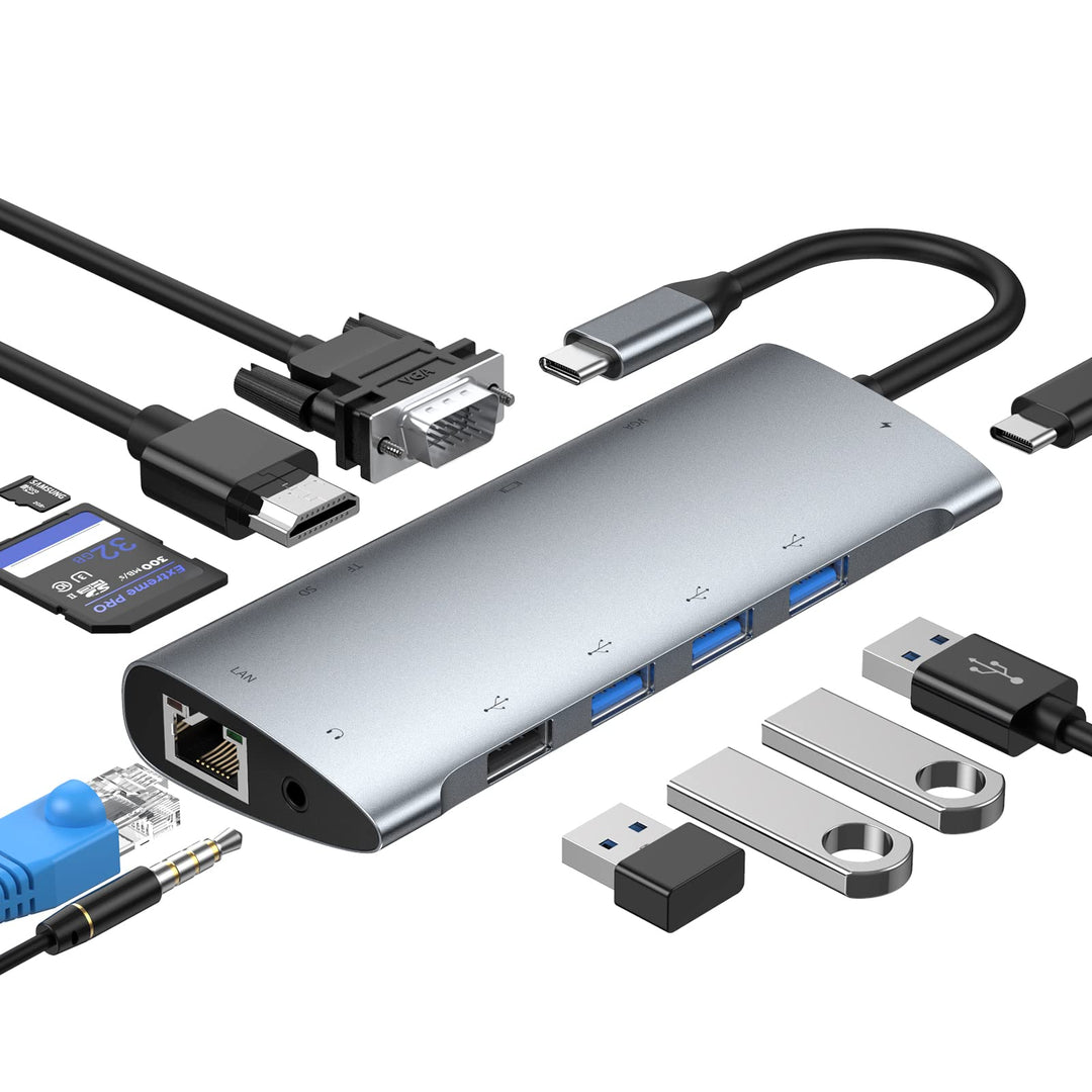 USB C Hub,Typ C Adapter 11 in 1 mit 4K-HDMI,VGA, USB-C 100W PD, 1*USB2.0, 3*USB3.0, RJ45-Gigabit-Eth