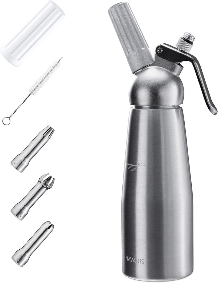 Navaris Sahnespender 500 ml mit 3 Edelstahl Tüllen - für heisse und kalte Cremes Schlagsahne Sossen