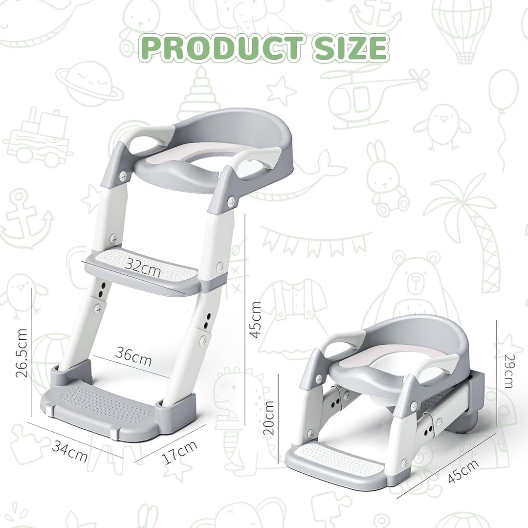 Toilettensitz Kinder mit Treppe, 2-in-1 Toilettentrainer für Kinder, WC Sitz mit PU Gepolsterter, Hö