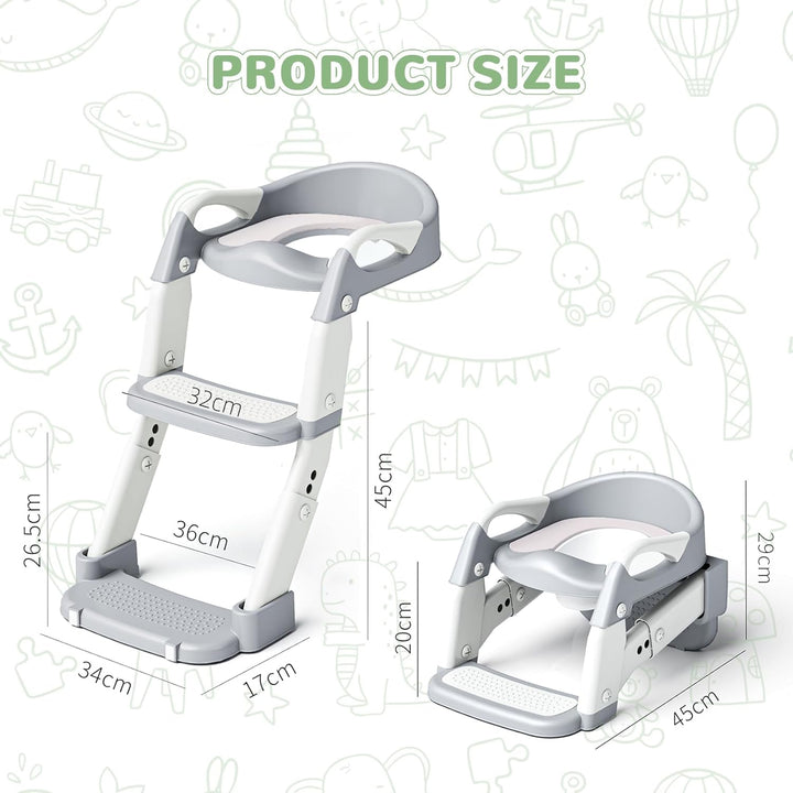 Toilettensitz Kinder mit Treppe, 2-in-1 Toilettentrainer für Kinder, WC Sitz mit PU Gepolsterter, Hö