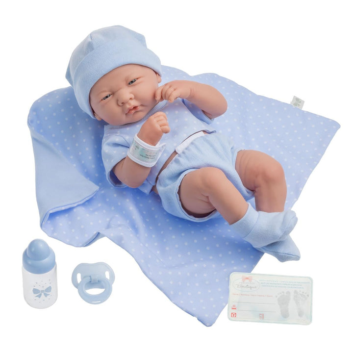 JC TOYS 102-18540 – Kinderpuppe, Körper aus Gummi, Blaue Kleidung mit Punkten, 36 cm