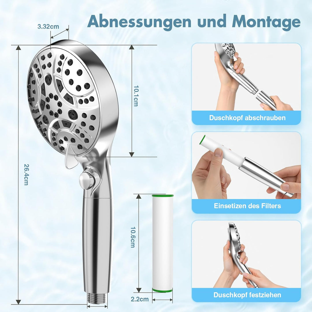 Duschkopf mit Filter – 120mm Grossformatiger Handbrause Dusche mit 8+1 Strahlarten, 1.5m Schlauch, W